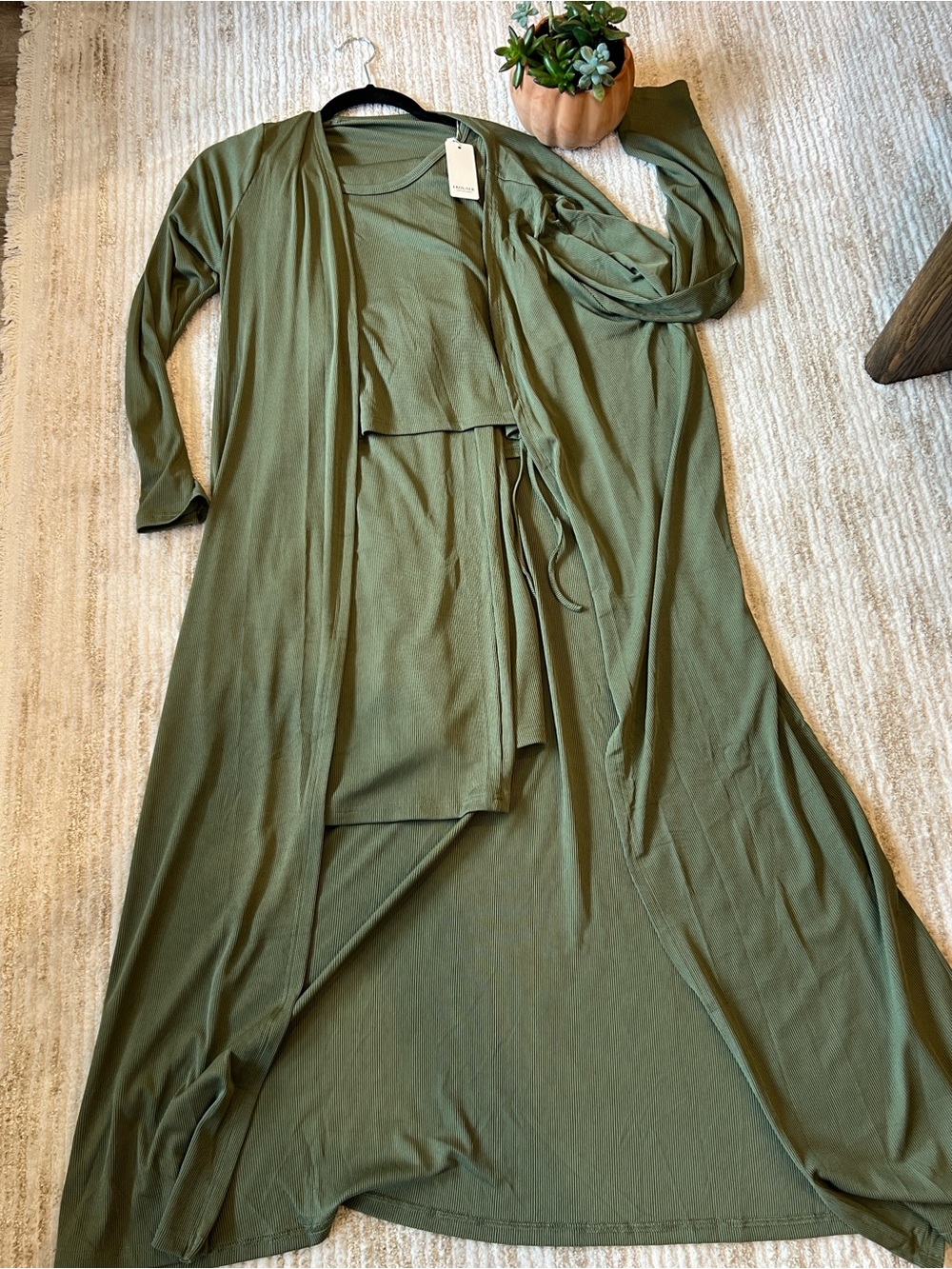 Olive Green 3-Piece Lounge Set - Tank, Cardigan & Pants